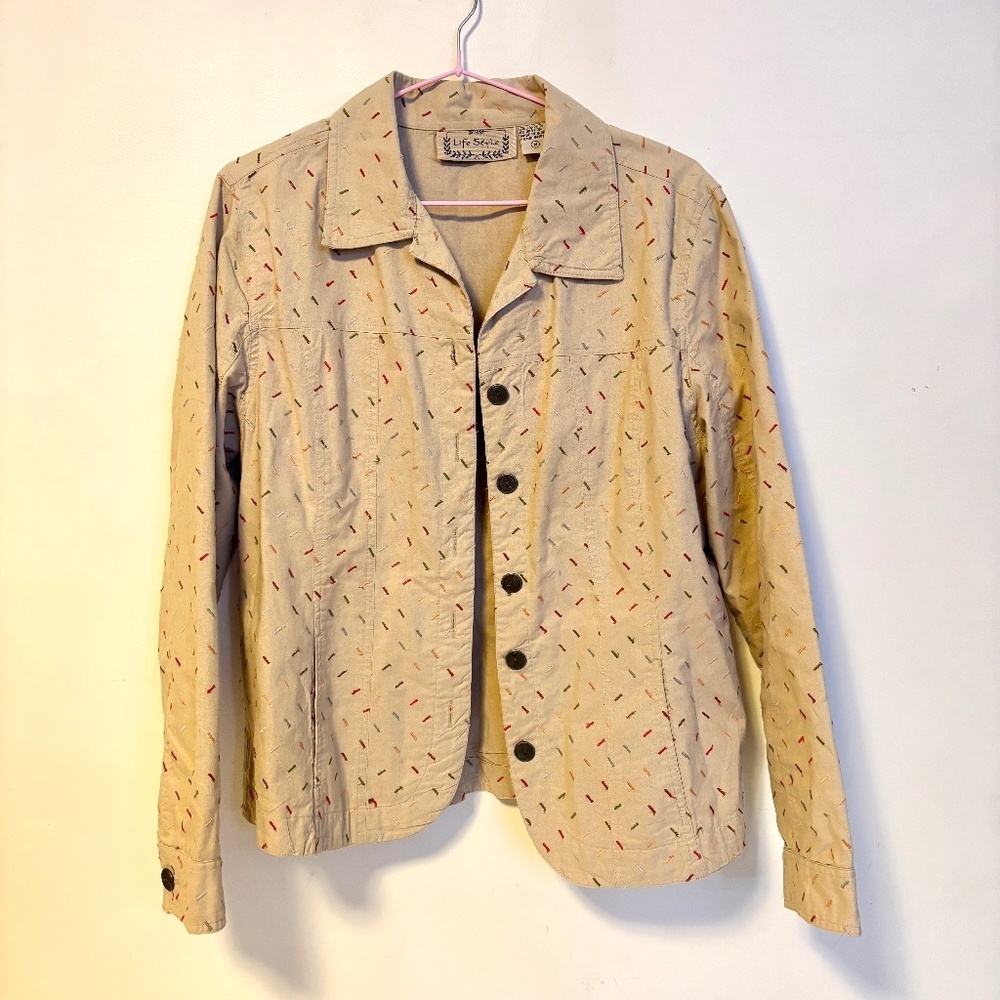 Life Style 100% Cotton Button Up Collared Blazer Jacket Tan Sprinkles Womens M
